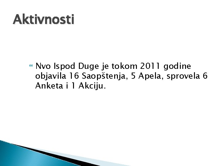 Aktivnosti Nvo Ispod Duge je tokom 2011 godine objavila 16 Saopštenja, 5 Apela, sprovela Aktivnosti Nvo Ispod Duge je tokom 2011 godine objavila 16 Saopštenja, 5 Apela, sprovela