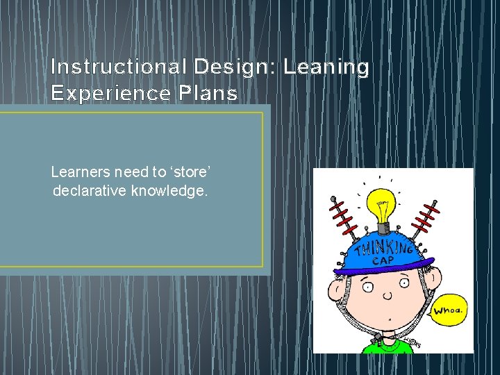 Instructional Design: Leaning Experience Plans Learners need to ‘store’ declarative knowledge. 