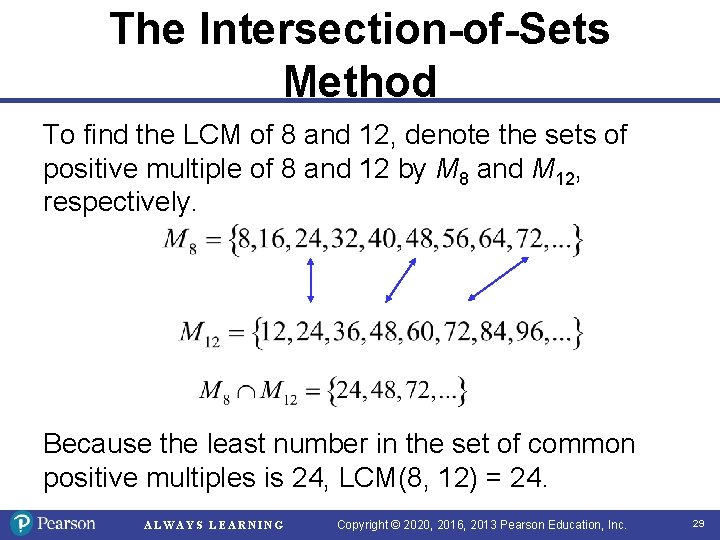 The Intersection-of-Sets Method To find the LCM of 8 and 12, denote the sets
