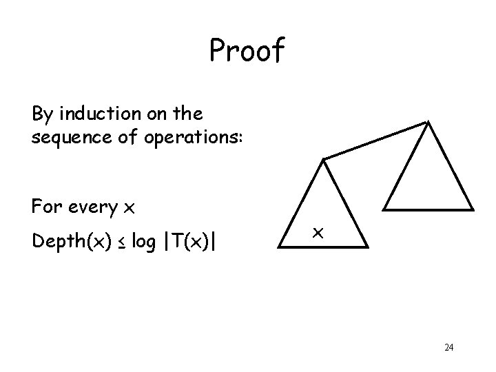 Proof By induction on the sequence of operations: For every x Depth(x) ≤ log