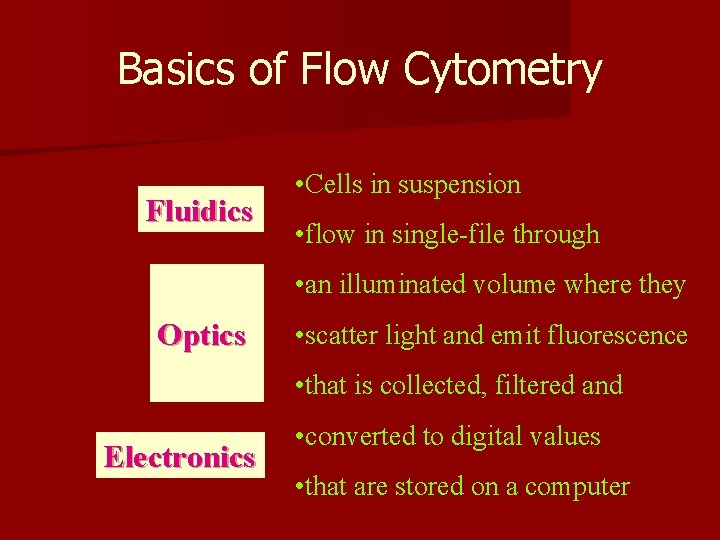 Basics of Flow Cytometry Fluidics • Cells in suspension • flow in single-file through