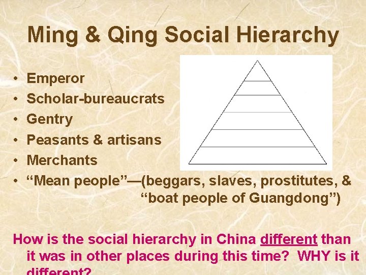 Ming & Qing Social Hierarchy • • • Emperor Scholar-bureaucrats Gentry Peasants & artisans
