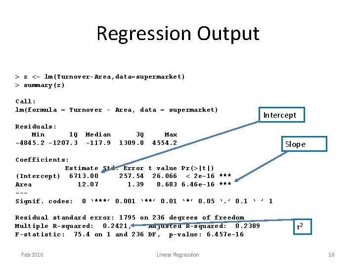 Regression Output > z <- lm(Turnover~Area, data=supermarket) > summary(z) Call: lm(formula = Turnover ~ Regression Output > z <- lm(Turnover~Area, data=supermarket) > summary(z) Call: lm(formula = Turnover ~