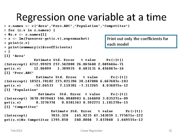 Regression one variable at a time > z. names <- c("Area", "Perc. ABC", "Population", Regression one variable at a time > z. names <- c("Area", "Perc. ABC", "Population",