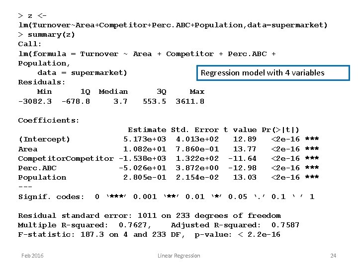> z <lm(Turnover~Area+Competitor+Perc. ABC+Population, data=supermarket) > summary(z) Call: lm(formula = Turnover ~ Area + > z <lm(Turnover~Area+Competitor+Perc. ABC+Population, data=supermarket) > summary(z) Call: lm(formula = Turnover ~ Area +