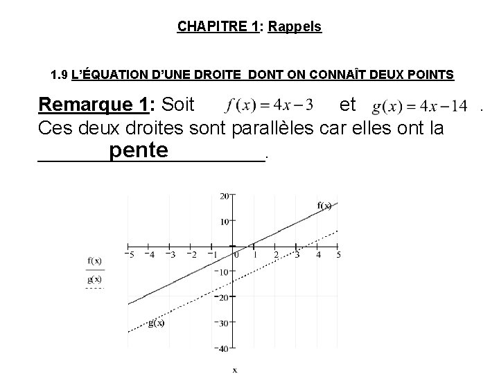 CHAPITRE 1: Rappels 1. 9 L’ÉQUATION D’UNE DROITE DONT ON CONNAÎT DEUX POINTS Remarque