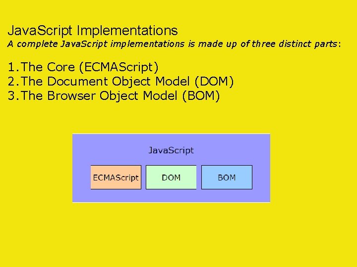 Java. Script Implementations A complete Java. Script implementations is made up of three distinct