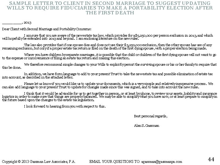 SAMPLE LETTER TO CLIENT IN SECOND MARRIAGE TO SUGGEST UPDATING WILLS TO REQUIRE FIDUCIARIES