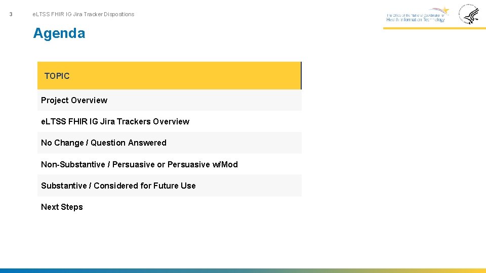 3 e. LTSS FHIR IG Jira Tracker Dispositions Agenda TOPIC Project Overview e. LTSS