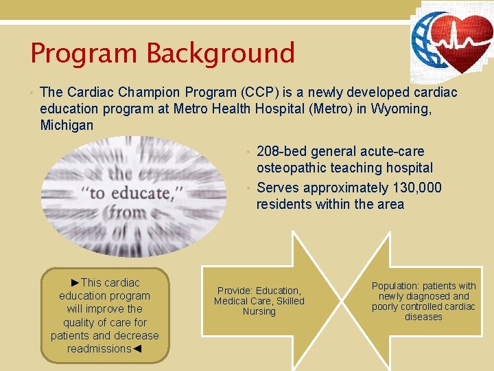 Program Background • The Cardiac Champion Program (CCP) is a newly developed cardiac education