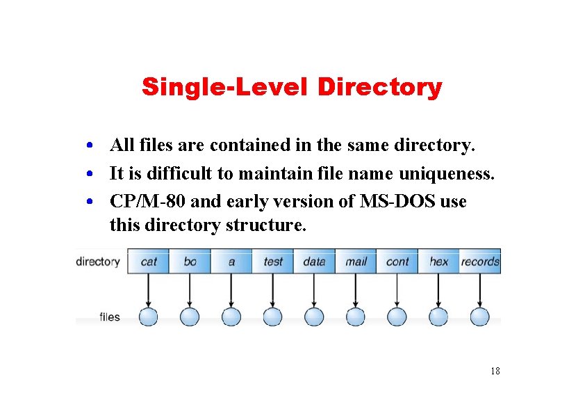 Single-Level Directory • All files are contained in the same directory. • It is