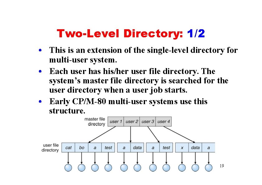 Two-Level Directory: 1/2 • This is an extension of the single-level directory for multi-user