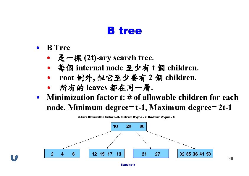 B tree • B Tree • 是一棵 (2 t)-ary search tree. • 每個 internal