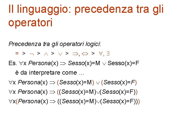 Il linguaggio: precedenza tra gli operatori Precedenza tra gli operatori logici: = > >