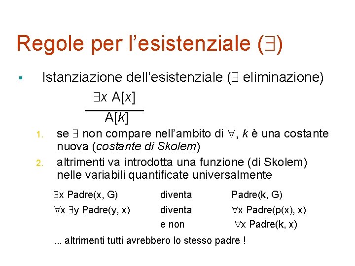 Regole per l’esistenziale ( ) § Istanziazione dell’esistenziale ( eliminazione) x A[x] A[k] 1.