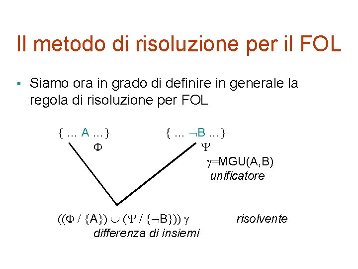 Il metodo di risoluzione per il FOL § Siamo ora in grado di definire