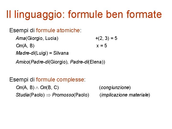 Il linguaggio: formule ben formate Esempi di formule atomiche: Ama(Giorgio, Lucia) +(2, 3) =