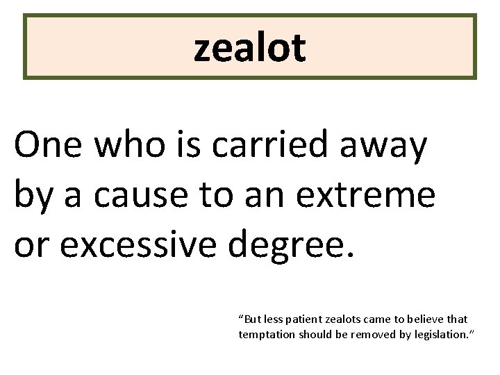 zealot One who is carried away by a cause to an extreme or excessive