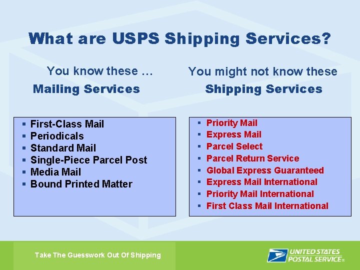 What are USPS Shipping Services? You know these … Mailing Services § § §