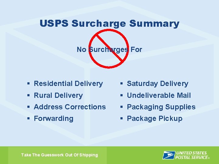 USPS Surcharge Summary No Surcharges For § Residential Delivery § Saturday Delivery § Rural