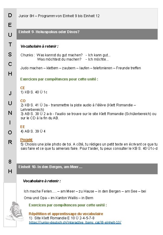 D Junior 8 H – Programm von Einheit 9 bis Einheit 12 E U