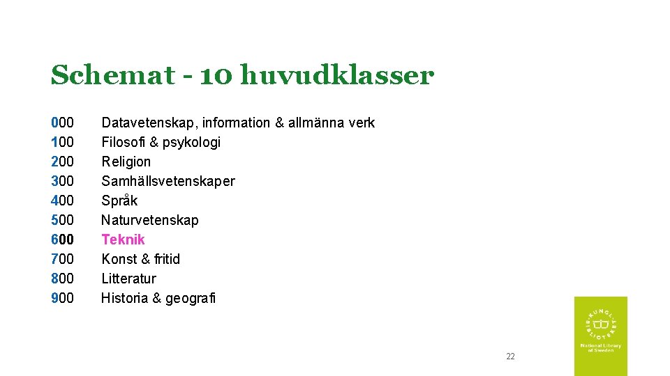 Schemat - 10 huvudklasser 000 100 200 300 400 500 600 700 800 900