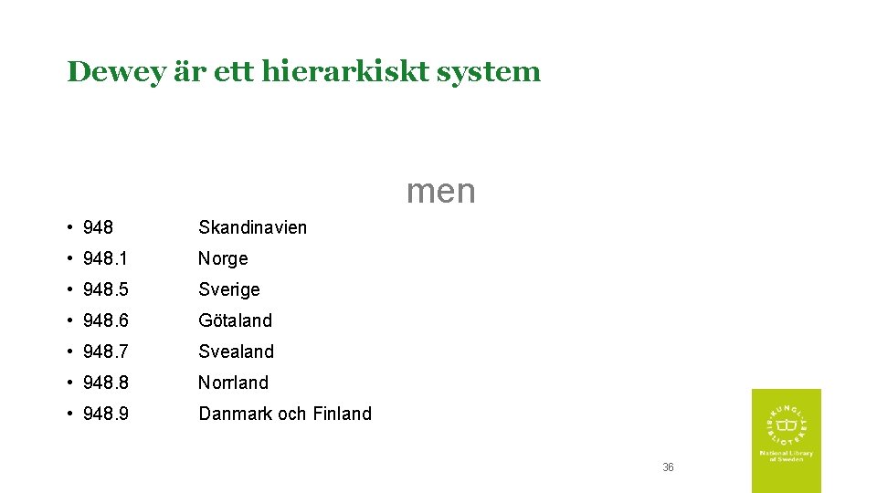 Dewey är ett hierarkiskt system men • 948 Skandinavien • 948. 1 Norge •