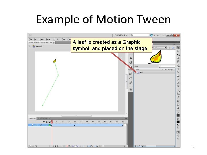 Example of Motion Tween A leaf is created as a Graphic symbol, and placed