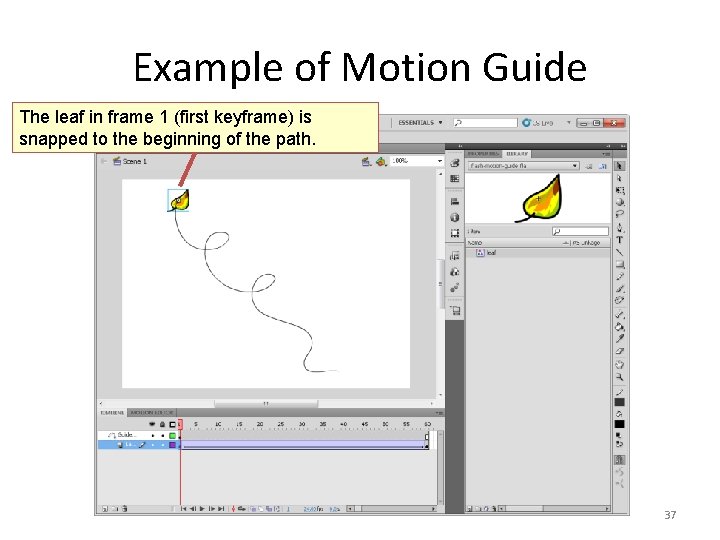 Example of Motion Guide The leaf in frame 1 (first keyframe) is snapped to