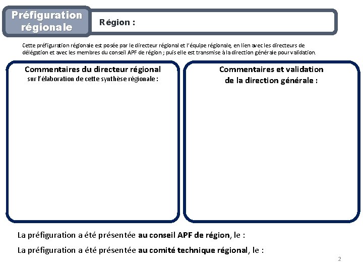 Préfiguration régionale Région : Cette préfiguration régionale est posée par le directeur régional et
