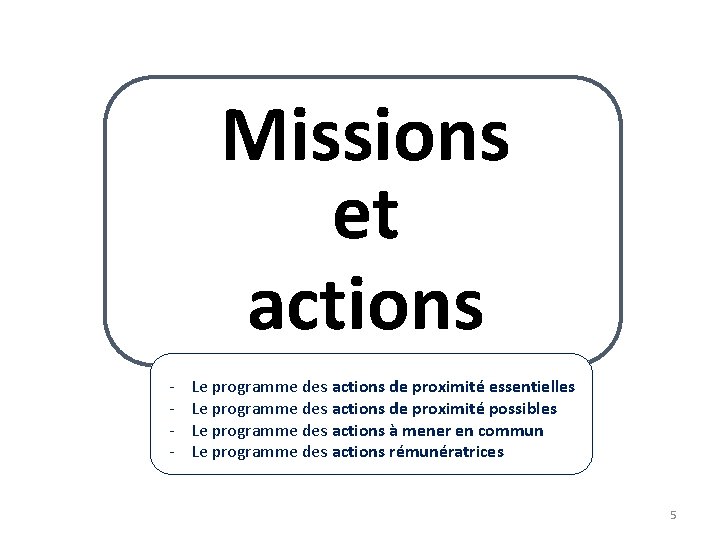 Missions et actions - Le programme des actions de proximité essentielles Le programme des