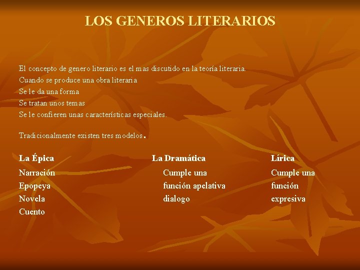 LOS GENEROS LITERARIOS El concepto de genero literario es el mas discutido en la