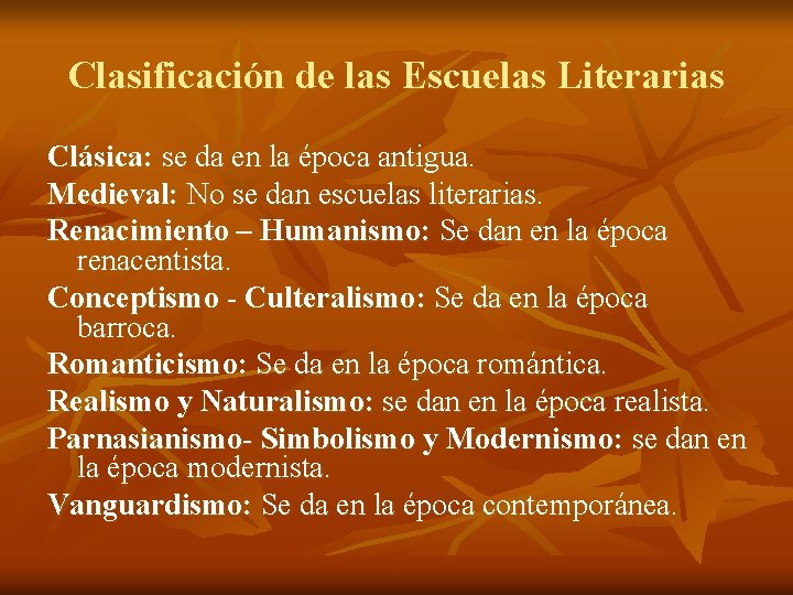 Clasificación de las Escuelas Literarias Clásica: se da en la época antigua. Medieval: No