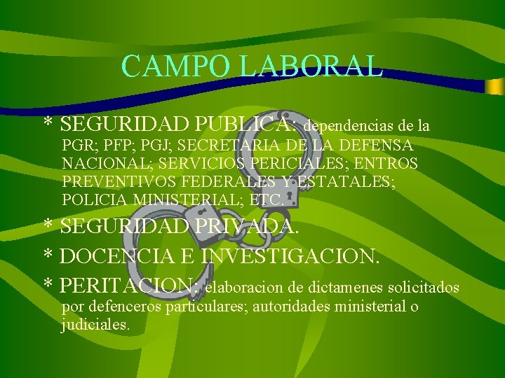 CAMPO LABORAL * SEGURIDAD PUBLICA: dependencias de la PGR; PFP; PGJ; SECRETARIA DE LA