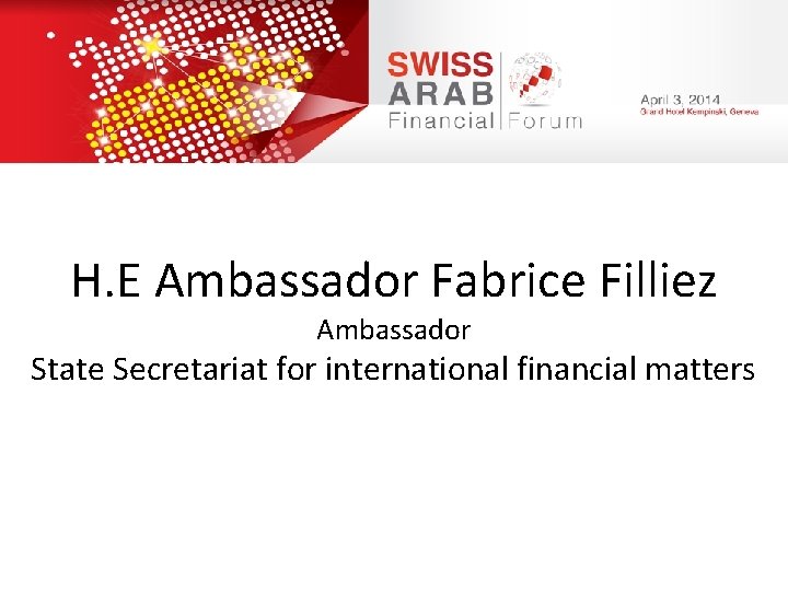 H. E Ambassador Fabrice Filliez Ambassador State Secretariat for international financial matters 