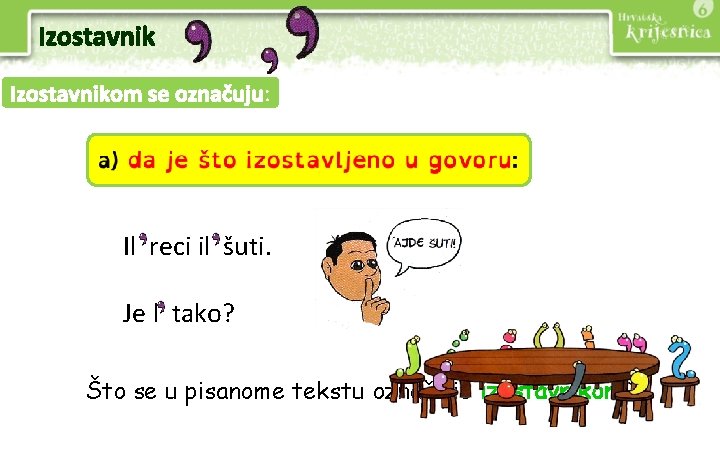 Izostavnikom se označuju: Il reci il šuti. Je l tako? Što se u pisanome