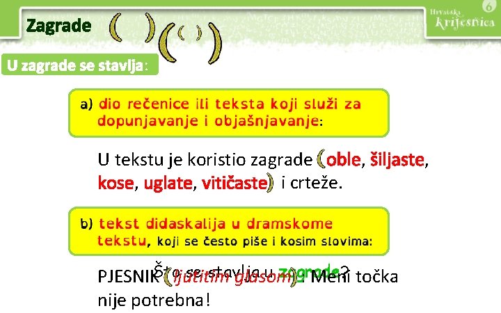 Zagrade U zagrade se stavlja: U tekstu je koristio zagrade oble, šiljaste, kose, uglate,