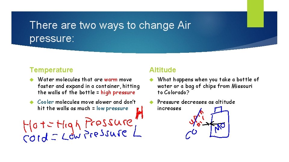 There are two ways to change Air pressure: Temperature Altitude Water molecules that are