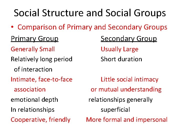Social Structure and Social Groups • Comparison of Primary and Secondary Groups Primary Group