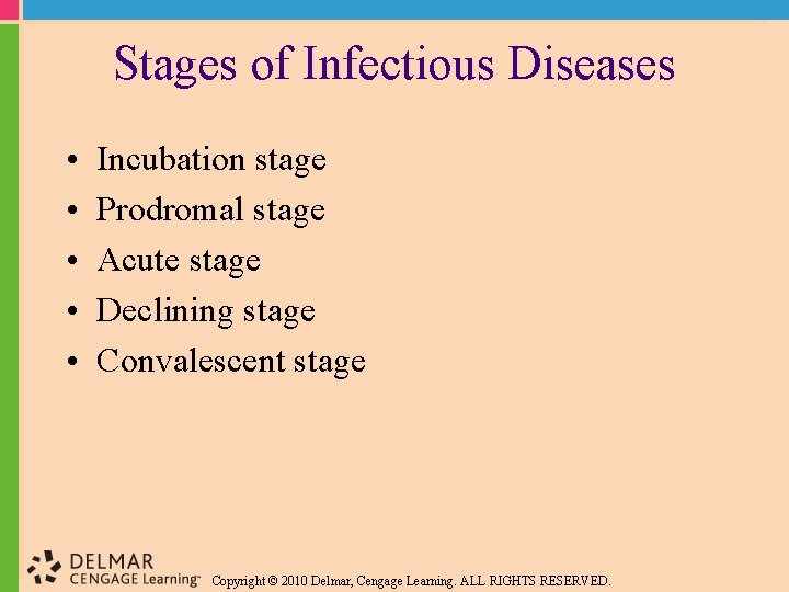 Stages of Infectious Diseases • • • Incubation stage Prodromal stage Acute stage Declining