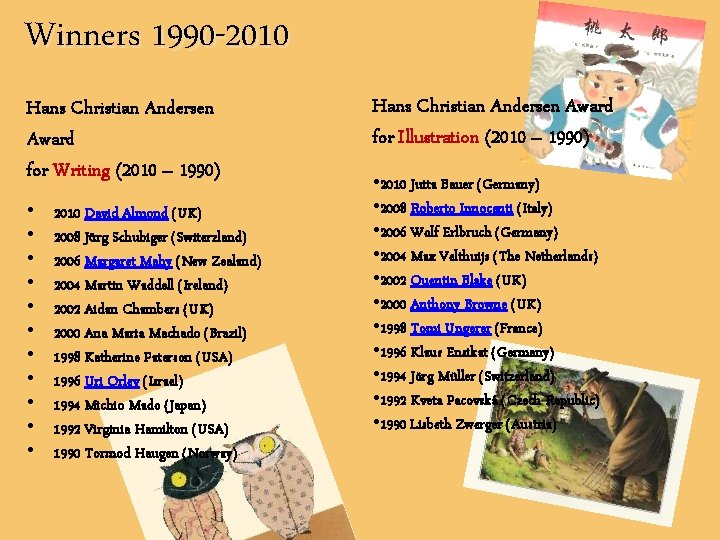 Winners 1990 -2010 Hans Christian Andersen Award for Writing (2010 – 1990) • •