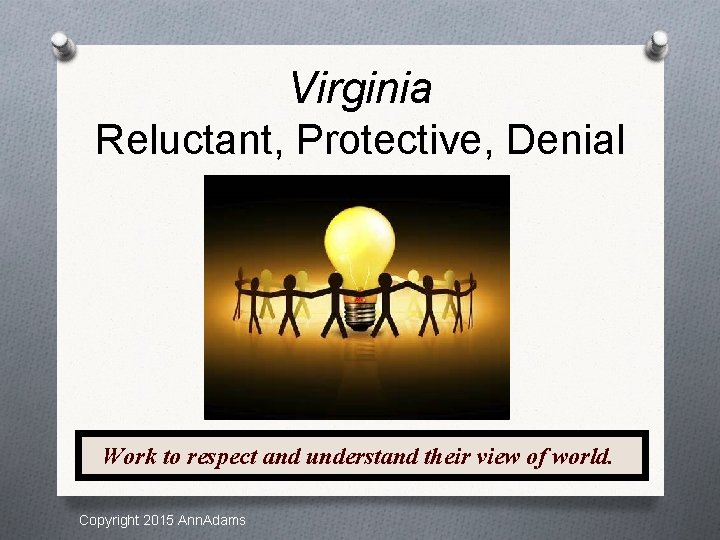 Virginia Reluctant, Protective, Denial Work to respect and understand their view of world. Copyright