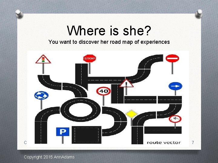 Where is she? You want to discover her road map of experiences Copyright 2015