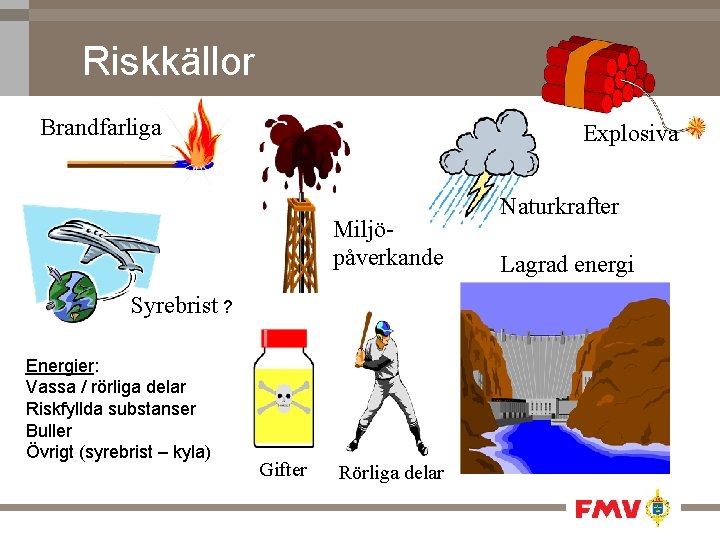 Riskkällor Brandfarliga Explosiva Miljöpåverkande Syrebrist ? Energier: Vassa / rörliga delar Riskfyllda substanser Buller
