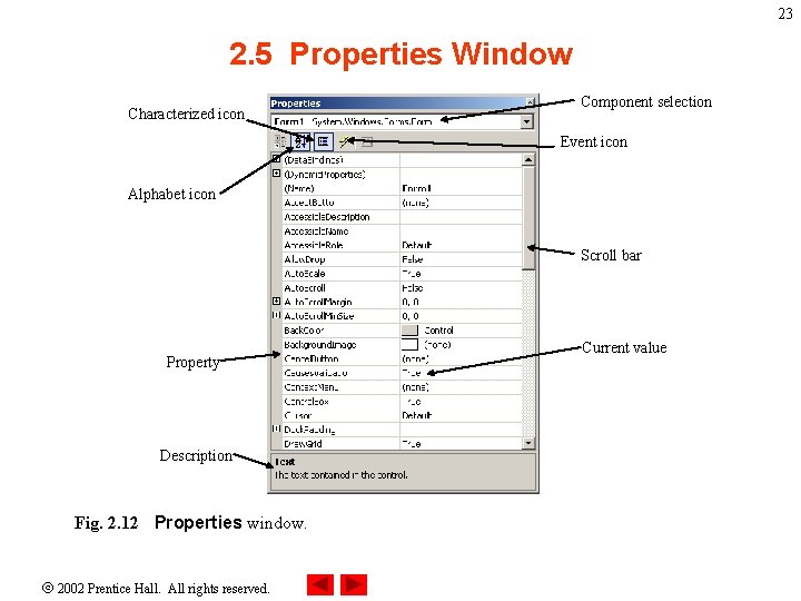 23 2. 5 Properties Window Characterized icon Component selection Event icon Alphabet icon Scroll 23 2. 5 Properties Window Characterized icon Component selection Event icon Alphabet icon Scroll