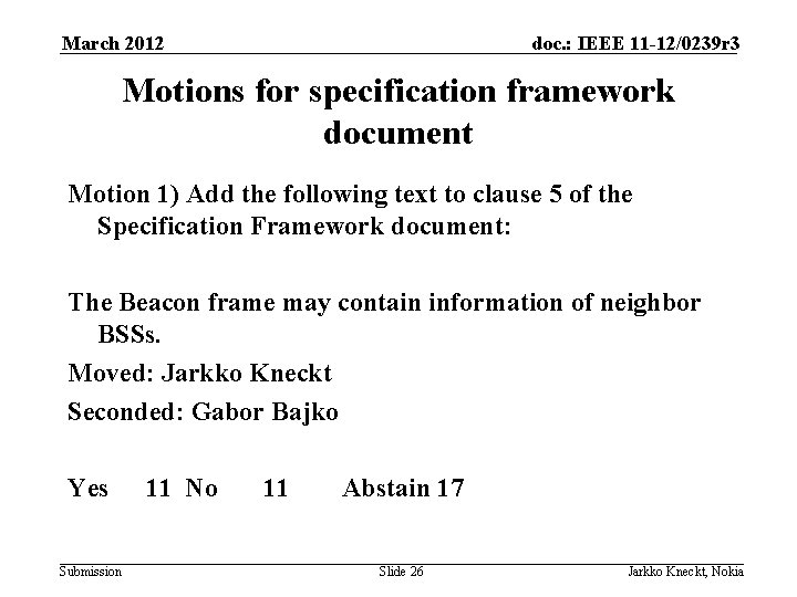 March 2012 doc. : IEEE 11 -12/0239 r 3 Motions for specification framework document