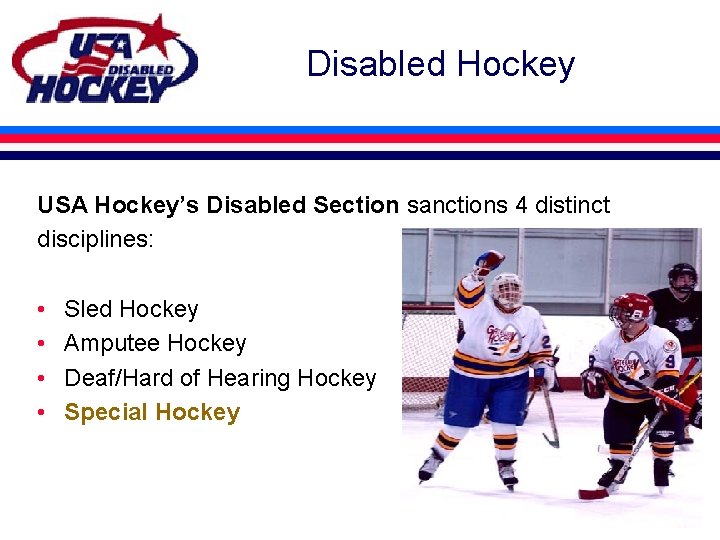 Disabled Hockey USA Hockey’s Disabled Section sanctions 4 distinct disciplines: • • Sled Hockey