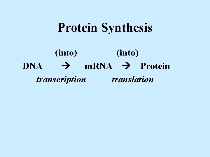 Protein Synthesis (into) DNA m. RNA Protein transcription translation 