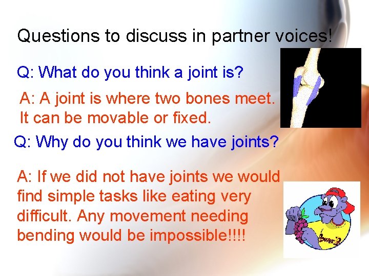 Questions to discuss in partner voices! Q: What do you think a joint is?