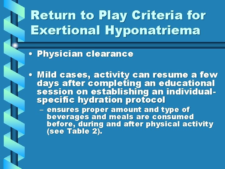 Return to Play Criteria for Exertional Hyponatriema • Physician clearance • Mild cases, activity Return to Play Criteria for Exertional Hyponatriema • Physician clearance • Mild cases, activity